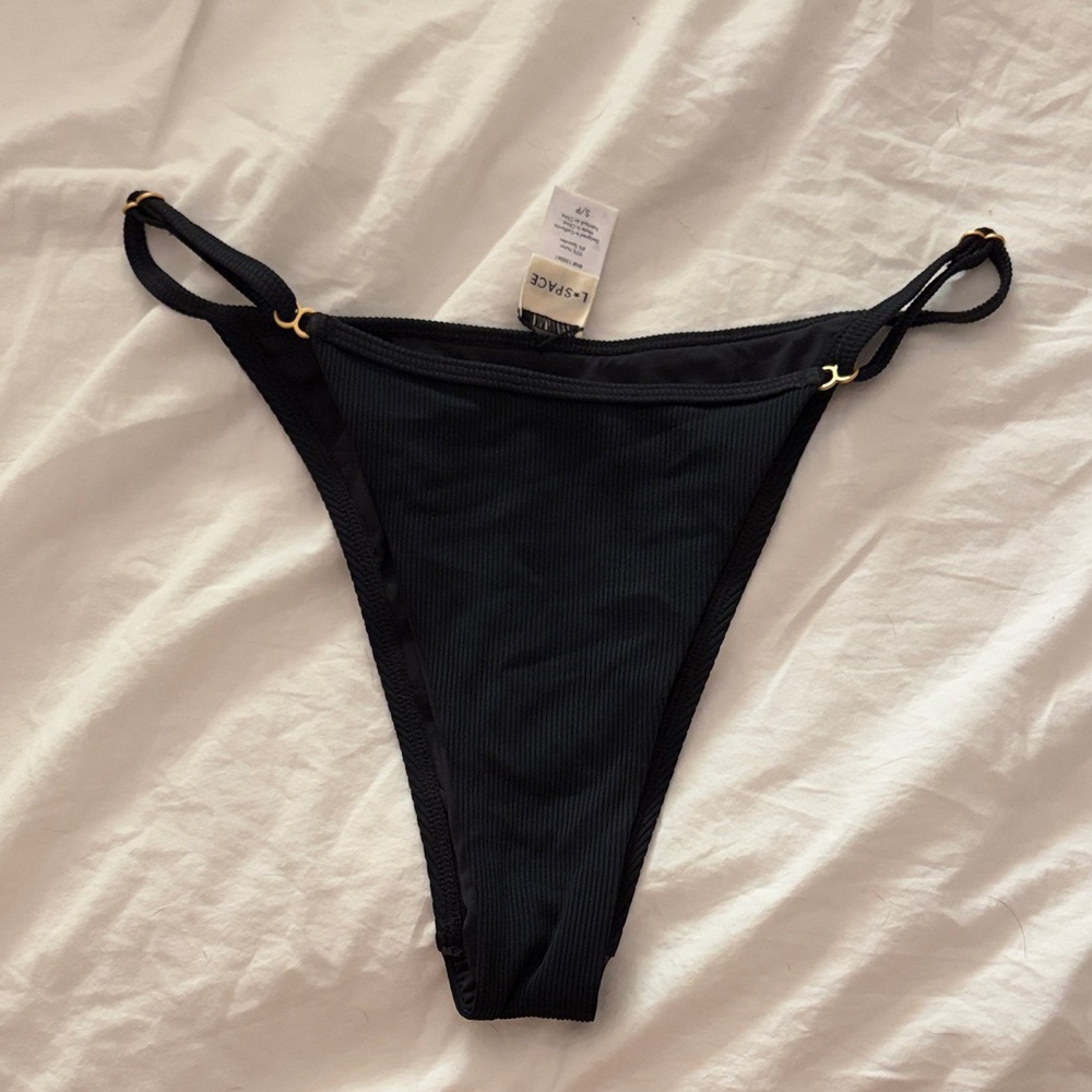 Black Ribbed High-Cut Bikini Bottom with Gold Rings
